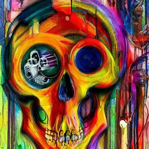 Image similar to A beautiful kinetic sculpture of a skull that is part organic, part mechanic. It is an accurate representation of how the artist sees the world. by Lori Earley, by Antoine Blanchard colorful, geometric