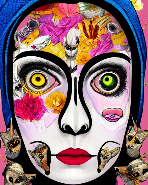 Prompt: a surrealistic head and shoulder painting of a gorgeous female skeleton with cat eyeballs and lipstick and hoodie, in the style of frida kahlo, digital art, detailed masterpiece