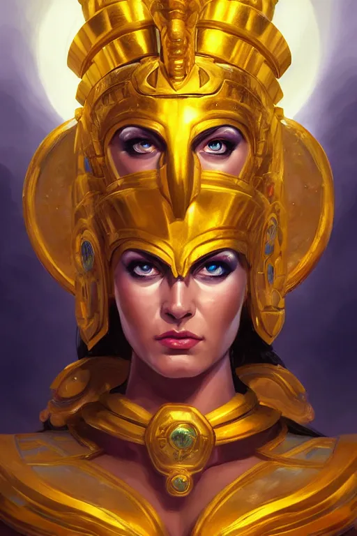 Prompt: The Godess Hera looking angry, radiating a glowing aura, detailed armor, portrait, highly detailed, digital painting, artstation, concept art, smooth, sharp focus, beautiful face, symmetric face, enchanted, official fanart, behance, HD, blue and yellow theme, by Jesper Ejsing