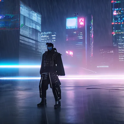 Image similar to cyberpunk samurai in a dytopian future, ultra realistic, fog, raytracing, reflections, rain, octane render