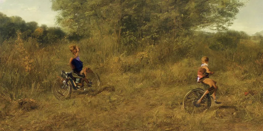 Prompt: artwork by eugene von guerard, a kid on a bike speeding away from zombies