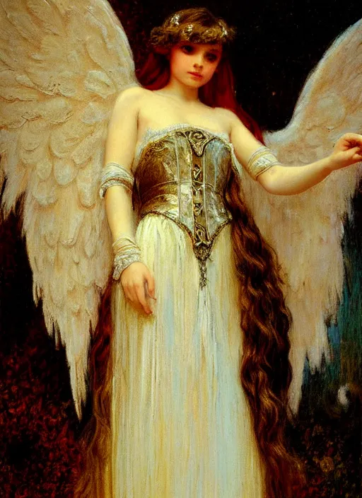 Image similar to vertical prtrait of an angel knight gothic girl, baroque dress. by gaston bussiere