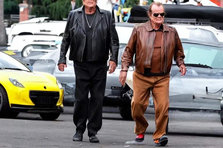 Prompt: Jack Nicholson plays Pikachu Terminator, wearing leather jacket, getting from the car