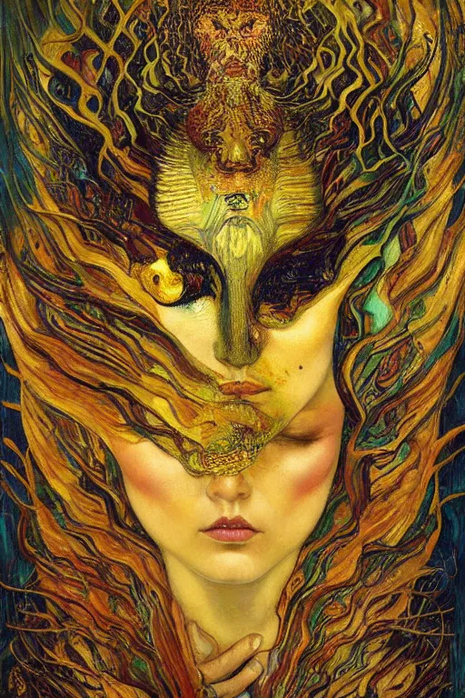 Prompt: Metamorphosis by Karol Bak, Jean Deville, Gustav Klimt, and Vincent Van Gogh, transformation portrait, chimera, visionary, cicada wings, otherworldly, fractal structures, ornate gilded medieval icon, third eye, dynamic, spirals