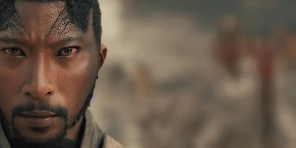 Image similar to a film still of a black man starring in a japanese blockbuster film as an ancient samurai, shallow depth of field, cinematic, award winning cgi, vfx, film still