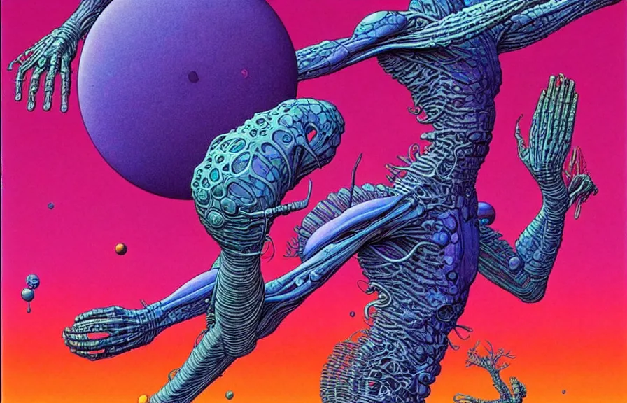 Image similar to ( ( ( ( a humanoid creature from another planet. ) ) ) ) by mœbius!!!!!!!!!!!!!!!!!!!!!!!!!!!, overdetailed art, colorful, artistic record jacket design