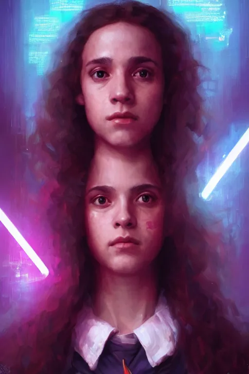 Image similar to portrait of Hermione Granger in cyberpunk, neon lighting, digital art from artstation by Ruan Jia and Mandy Jurgens and Artgerm and william-adolphe bouguereau and Greg Rutkowski and Wayne Barlowe