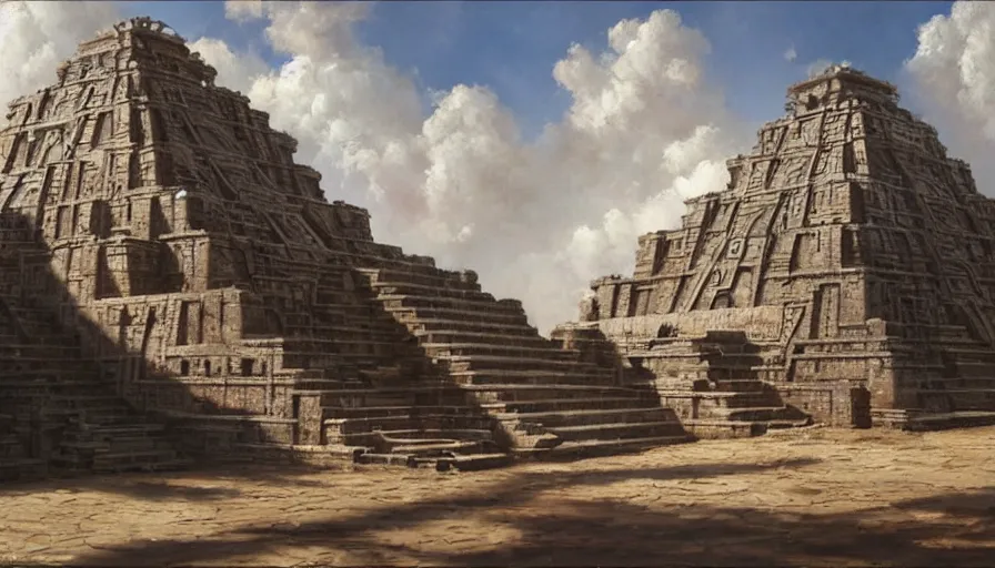 Image similar to excellent hyperrealist painted futuristic Aztec temples somewhere in Europe with fluffy clouds, painted by Hans Fredrik Gude, Greg Rutkowksi, Craig Mullins and Artgerm, masterpiece, 4k, ultra realistic highly detailed oil painting