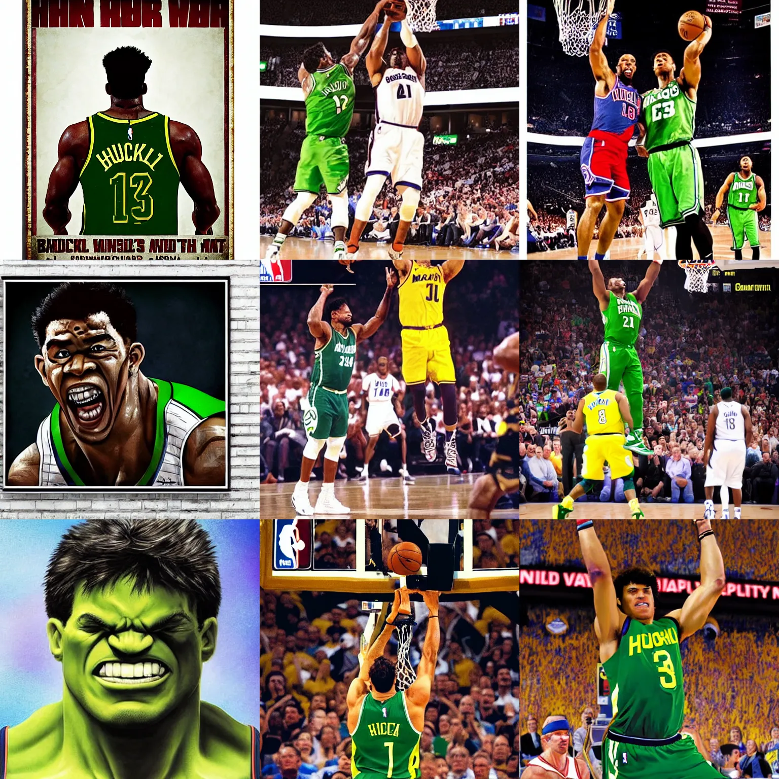 Prompt: Hulk in the NBA, game winning shot, NBA MVP poster shot,