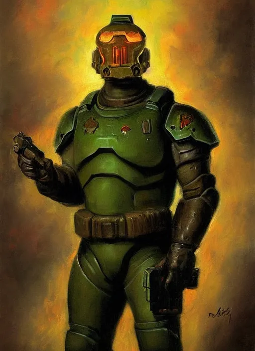 Prompt: doomguy, doom is eternal by rembrandt, konstantin razumov