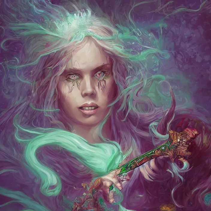 Image similar to sea witch casting a spell, d & d style, trending on artstation, intricate, highly detailed, vivid painting, colorful, art by alexandr leskinen