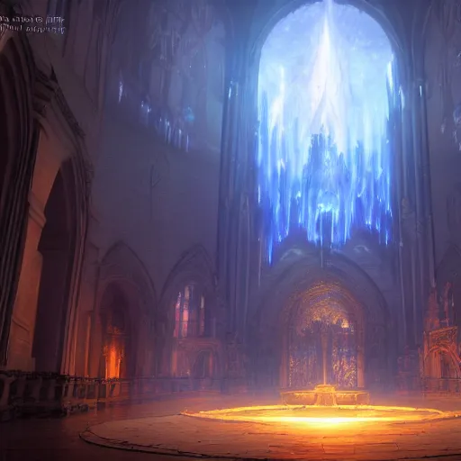 Image similar to a huge dark eldritch cathedral filled with blue ray traced light by WLOP and tony sart and bekinski, god rays, fantasy art, 4k, HDR, photorealistic, 8k, trending on artstation