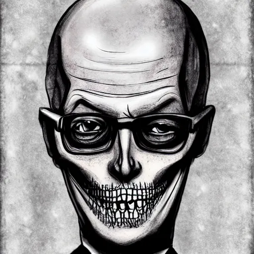 Image similar to grunge drawing of Klaus Schwab in the style of jack skellington and Jacob Shaw,creepy, surreal, trending on artstation, bold and vivid colour