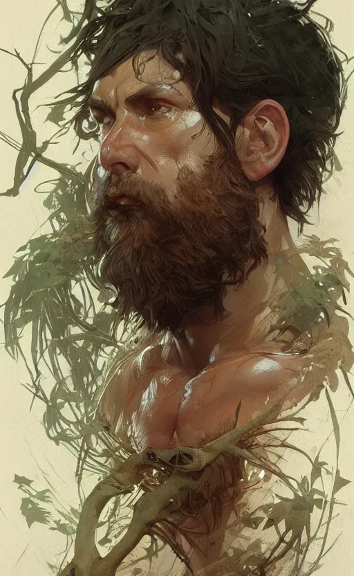 Image similar to god of the forest, 30 years old, rugged, male, gorgeous gorgeous gorgeous, detailed face face face face, amazing, thighs thighs thighs thighs, muscular, intricate, highly detailed, digital painting, artstation, concept art, sharp focus, illustration, art by greg rutkowski and alphonse mucha