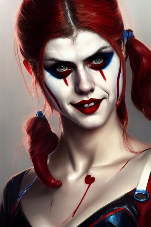 Image similar to alexandra daddario as harley quinn, realistic portrait, symmetrical, highly detailed, digital painting, artstation, concept art, smooth, sharp focus, illustration, cinematic lighting, art by artgerm and greg rutkowski and alphonse mucha