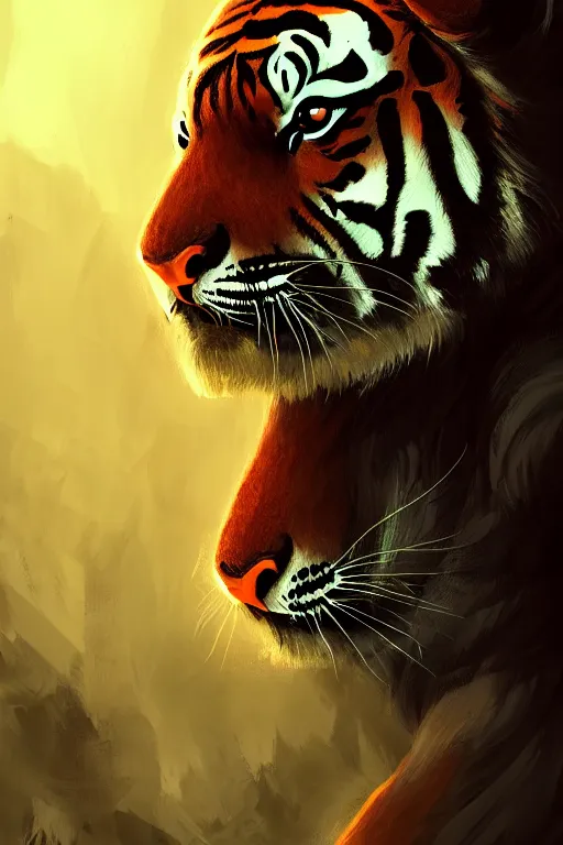 Prompt: a portrait of an anthro tiger of the apocalypse, grim - lighting, high - contrast, intricate, elegant, highly detailed, digital painting, artstation, concept art, smooth, sharp focus, illustration