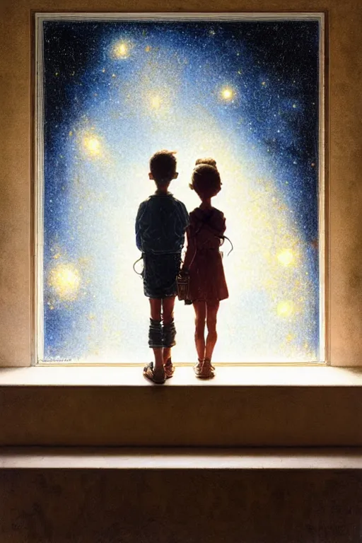 Image similar to a 1 5 year old boy and 2 year old girl looking at a wall and viewing the universe full of galaxies, part by norman rockwell, part by greg rutkowski, part by mattias adolfsson, high angle, ( ( ( ( volumetric lighting ) ) ) ), oil on canvas