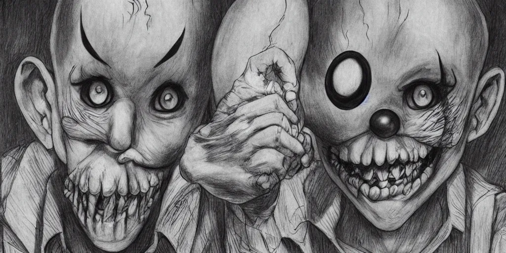 Prompt: A clown holding a balloon , horror, creepy, dark, manga,, pencil, inspired by junji ito, superior quality, masterpiece