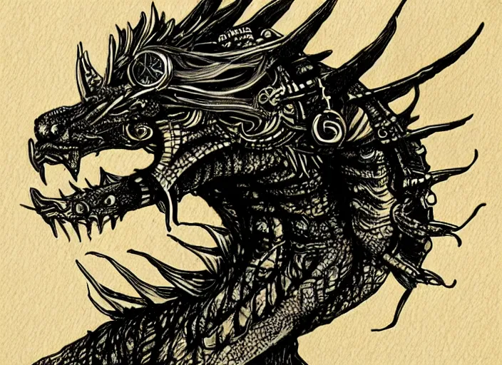 Image similar to pen and ink sketch, steam punk dragon