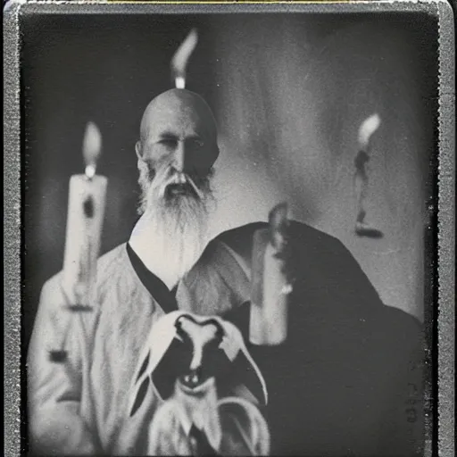 Image similar to trail _ camera _ photo _ of _ a _ breaton monks looking like rasputin with lit candles and a goat _ realistic _ spooky _ grimdark _ night _ black _ and _ white, polaroid