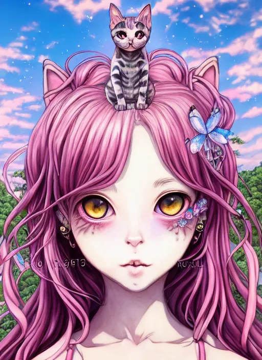 Image similar to dark fantastic mange beautiful cat girl stand in the sunshine, pink hair, rococo dress, symmetrical face, portrait, cute, fairy, by artgerm, mai yoneyama, takeshi obata, katsuhiro otomo, pixiv, detailed background, artstation, highly detailed, colorful, maximalist