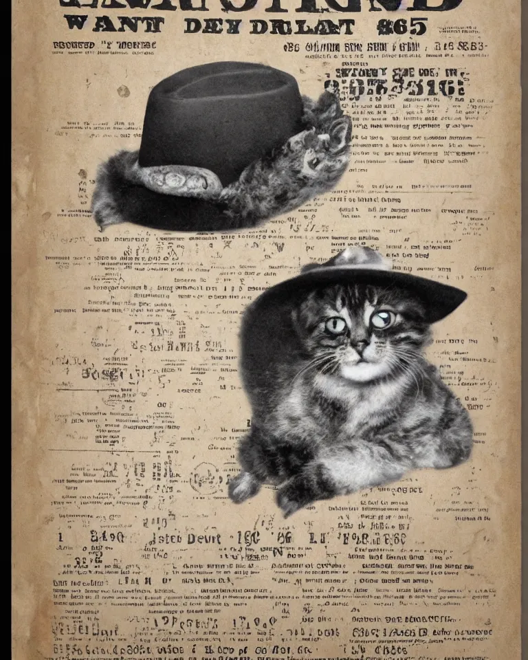 Image similar to 1865 wanted poster Wanted $1000 Reward kitten in cowboy hat Billy the Kit