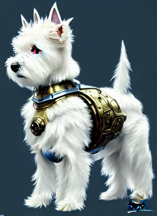 Image similar to a west highland white terrier, anime art style, wearing futuristic, led - lit armor, and a cannon mounted on his back, portrait, high detail, sharp focus, digital painting, artstation, concept art, art by hayao miyazaki and artgerm and greg rutkowski and alphonse mucha.