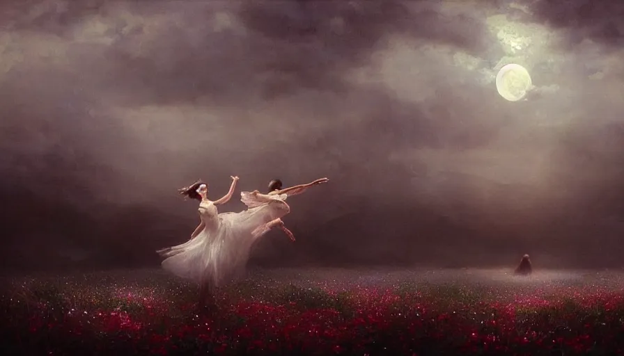 Image similar to dancers in white lit only by the moon, dancing across a flower meadow the twilight dance of the fae by aleksi briclot, greg rutkowski and ivan aivazovsky, contemporary dancers dancing artistic photography movement photorealistic volumetric cinematic light, award - winning, atmospheric fantasy sky