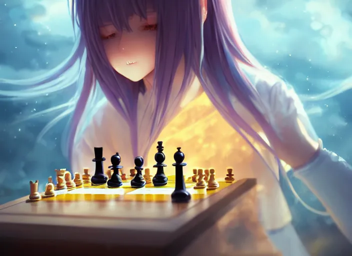 Prompt: beautiful rimuru playing chess, with amber eyes of golden colored eyes, straight hair, sky blue hair, long bangs, high collar, concept art, award winning photography, digital painting, cinematic, by wlop, anime key visual, wlop, 8 k, by ross tran, tom bagshaw, andy warhol