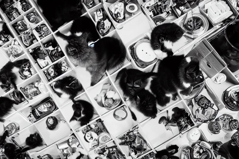 Prompt: overhead view, surveillance, black and white, a pet store with kittens sitting on the floor