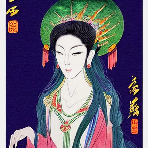 Image similar to Elven goddess in the style of Chinese watercolor,