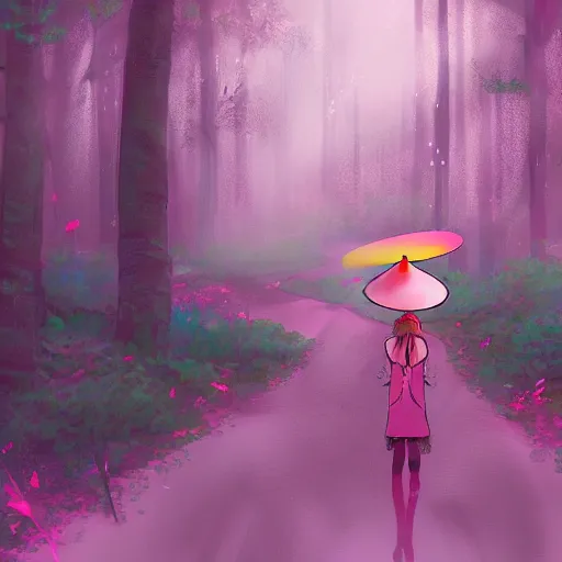 Image similar to a pink mage wearing a small satchel and a pink witch's hat walking through a lush psychedelic forest, concept art, anime