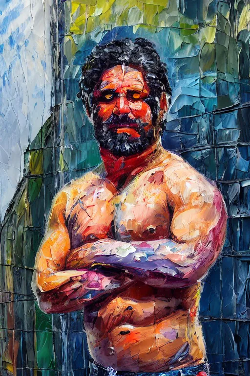 Prompt: palette knife oil painting portrait of eddie dreamtime, an athletic and lean middle - aged man in hipster clothes and australian aboriginal body paint, concrete balcony, nightclub, artstation trending, artgerm, any racial background, deviant art, hipster, octane, substance, art history 8 k