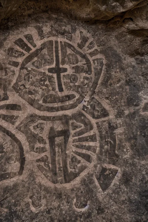 Image similar to 4 k photography of petroglyphs representing crosses, sauwastica, wifi symbol on a cave