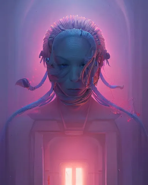 Image similar to highly detailed surreal vfx portrait of a oceanpunk grim reaper, stephen bliss, unreal engine, greg rutkowski, loish, rhads, beeple, makoto shinkai and lois van baarle, ilya kuvshinov, rossdraws, tom bagshaw, alphonse mucha, global illumination, detailed and intricate environment