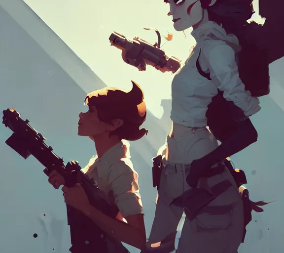 Image similar to portrait jayce and viktor by atey ghailan, by greg rutkowski, by greg tocchini, by james gilleard, by joe fenton, by kaethe butcher, by ashley wood, dynamic lighting, gradient light blue, brown, blonde cream and white color scheme, grunge aesthetic