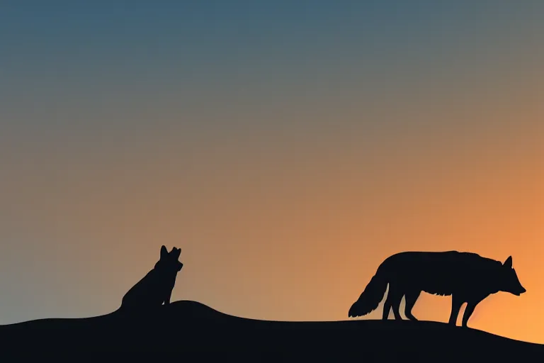 Prompt: far away wolf on the mountain silhouette, extremely detailed digital art, sunset, orange gradient, 8k