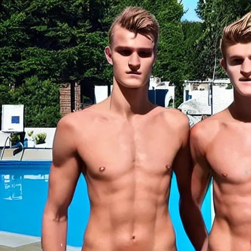 Image similar to a realistic detailed photo of a guy who is an attractive humanoid who is half robot and half humanoid, who is a male android, soccer players martin ødegaard & timo werner, shiny skin, posing like a statue, blank stare, by the pool, on display, showing off his muscles, many copies of them