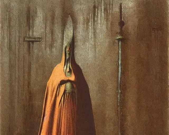 Image similar to by francis bacon, beksinski, mystical redscale photography evocative. devotion to the scarlet!!! woman!!!, priestess in a conical!!! hat, coronation, ritual, sacrament