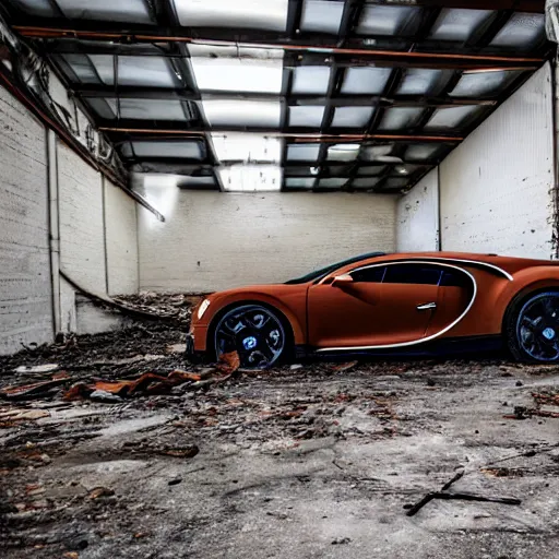 Image similar to an abandoned, derelict, ( really rusty ) bugatti chiron in a dirty warehouse