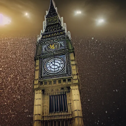 Image similar to macro photo of big ben superimposed on seabed deep underwater, shot on gopro9, moody lighting, 8k, very very very highly detailed, hyper realistic realistic