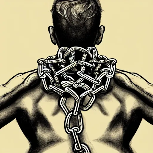 Image similar to A PORTRAIT FROM BEHIND OF A MAN ,THE THE MAN IS WRAPPED IN CHAINS ,detailed, concept art, ink style , sketch