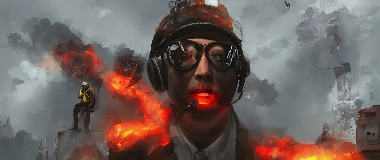 Image similar to air traffic controller man in hell, digital art, trending on artstation