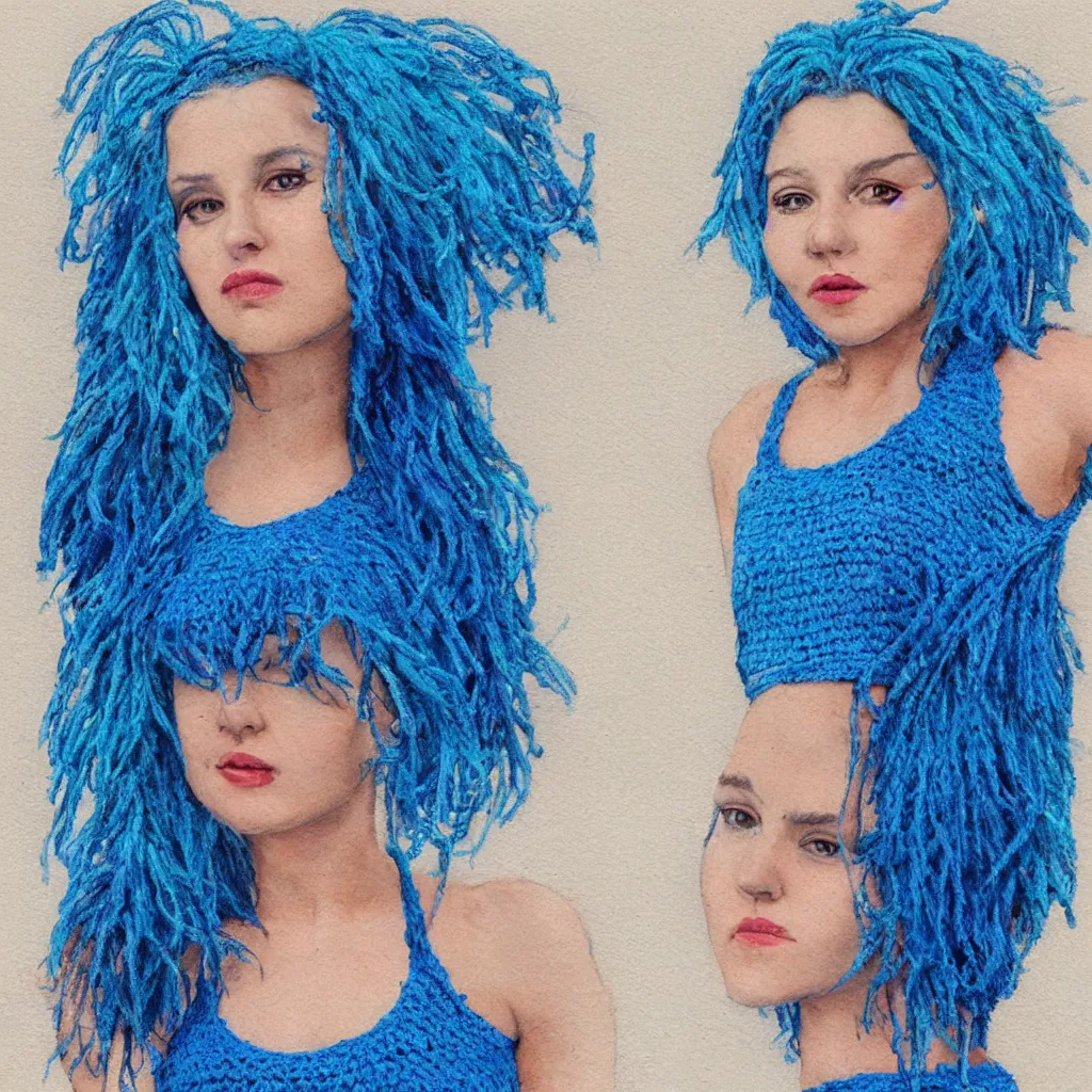 Prompt: A woman with blue hair wearing a crocheted crop-top, photorealistic portrait
