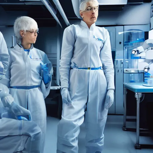 Image similar to line of six tall short fat scrawny women, white hair, tight light blue neopren space uniforms, futuristic chemistry lab, sci - fi, highly detailed, cinematic