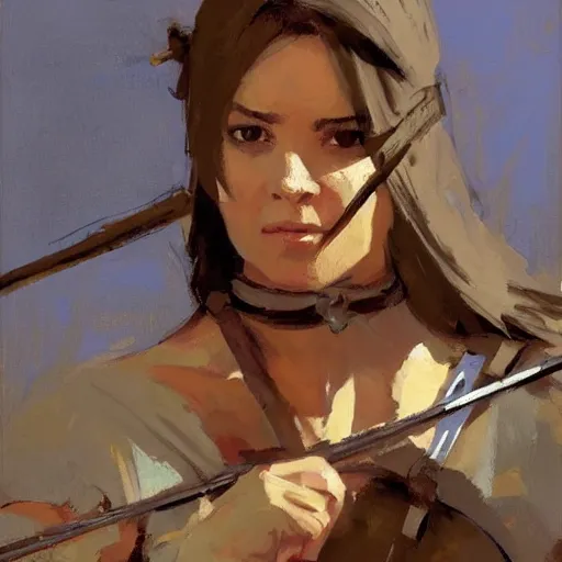 Image similar to portrait of woman wearing medieval holding a bow and arrow, detailed by greg manchess, craig mullins, bernie fuchs, walter everett