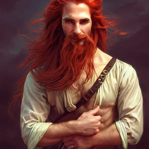 Prompt: portrait of a young ruggedly handsome but joyful pirate, male, masculine, upper body, red crimson hair, very long flowing hair, fantasy, joyful smirk, intricate, elegant, highly detailed, digital painting, artstation, concept art, matte, sharp focus, illustration, art by artgerm and greg rutkowski and alphonse mucha