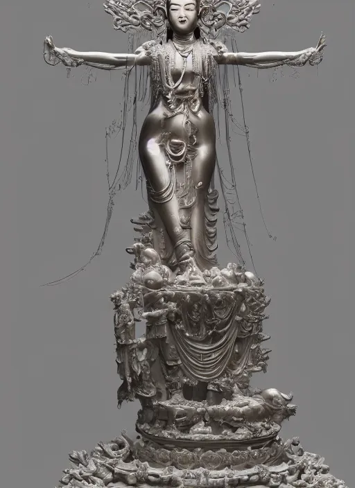 Image similar to a art deco sculpture statue of full body guanyin, intricate complexity,, statue by jane hamilton, ruan jia, character concept, radiant light,, frostbite 3 engine, cryengine, dof, trending on artstation, digital art, fantasy detailed abackground