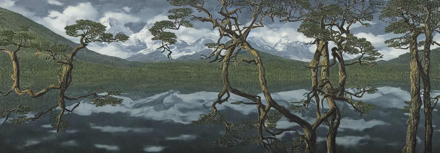 Image similar to escher painting of a lake, big trees reflecting on lake surface, mountains at background, snowy, ultra sharp, ultra detailed, dark emotion, colorized by salvador