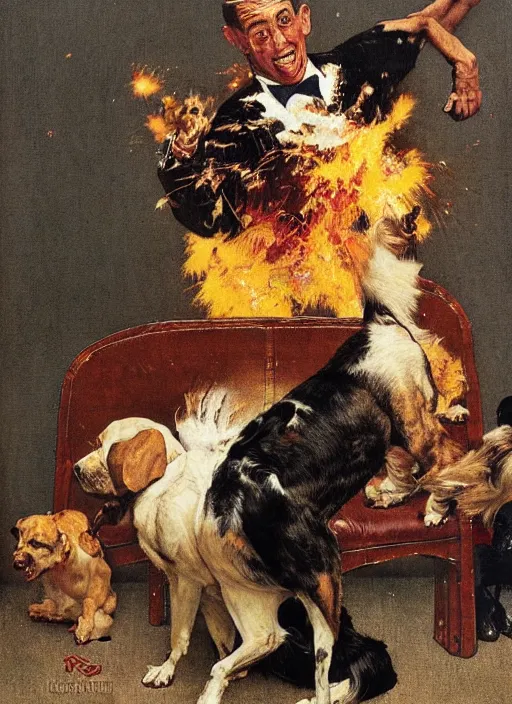 Image similar to a norman rockwell painting of an exploding dog